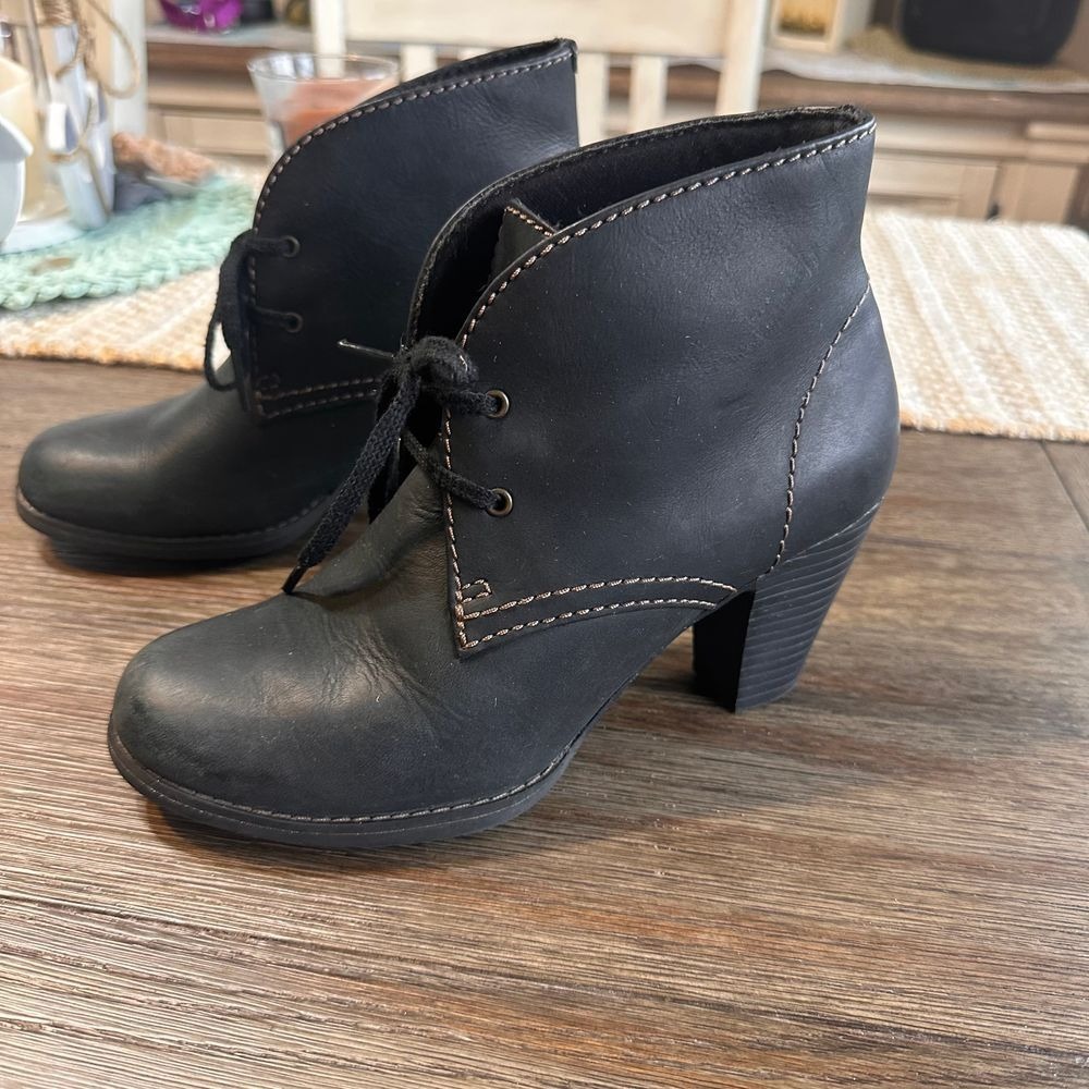 Clarks Bendables Black Leather Ankle‎ Boots Lace Up Chunky Heel Size 6M